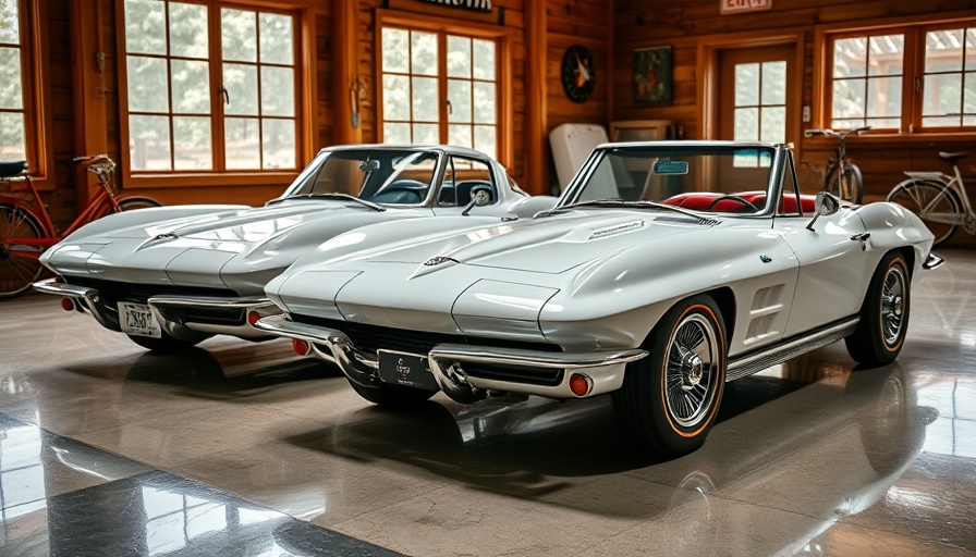 Polished Corvette cars in upgraded garage with vintage bicycles.