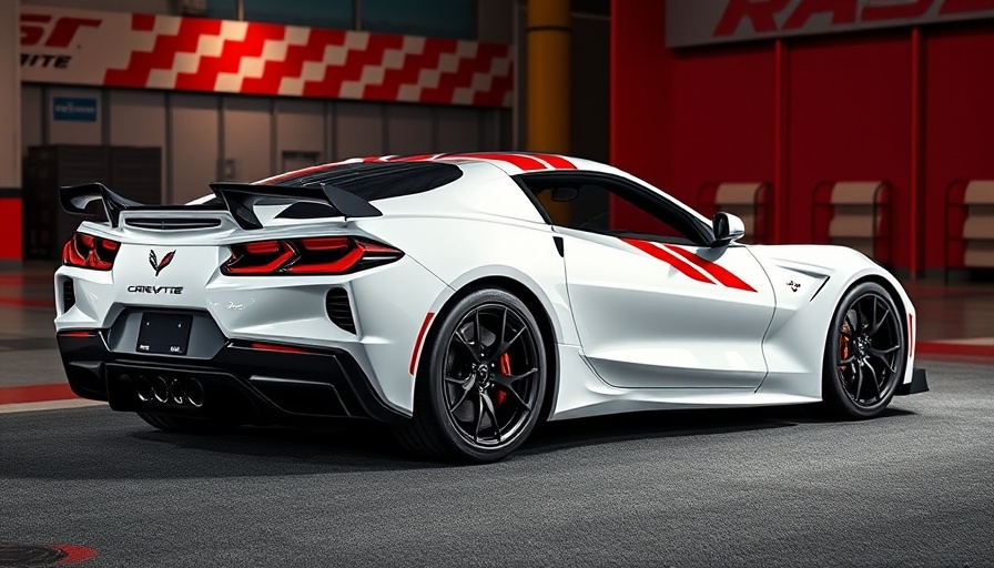 Sleek 2024 Corvette Z06 with red stripes, racing theme background
