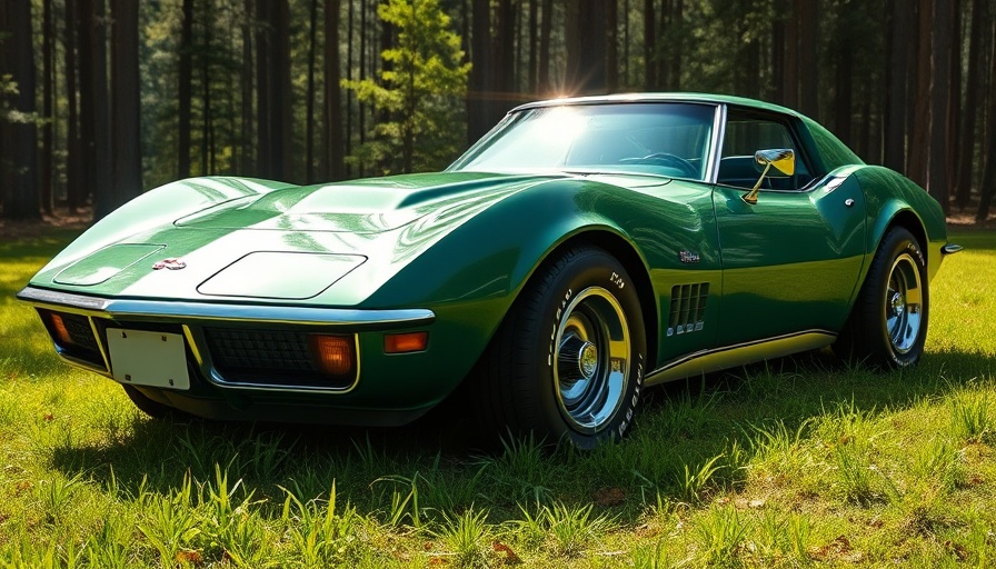 Green 1972 Corvette LT1 parked on a grassy field with forest backdrop.