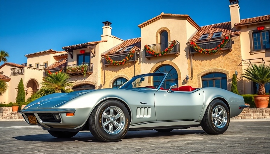 Affordable Corvettes parked in front of festive building