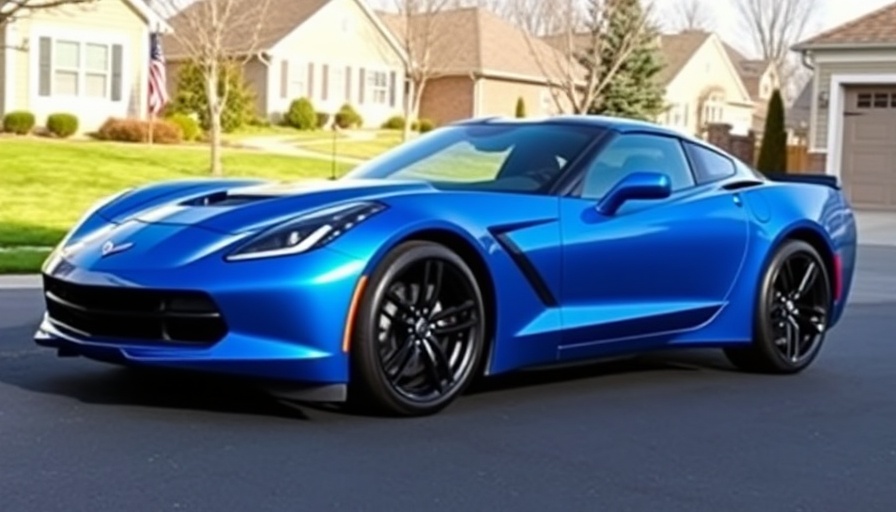 Blue Corvette Grand Sport parked on driveway in a suburban area.