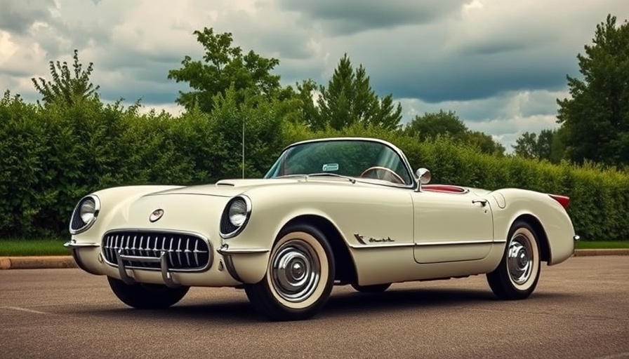 Pristine 1956 Corvette on gravel path with a dynamic sky.