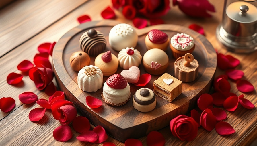 Valentine’s Day Dinner dessert platter with rose petals.