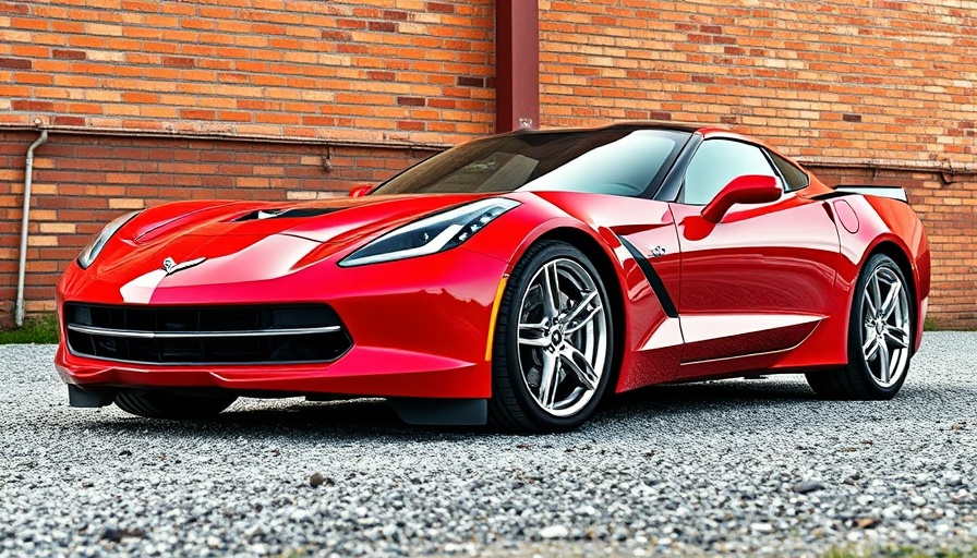 Red Corvette with free shipping for parts, parked by brick wall.