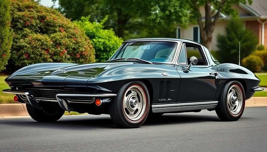 Vintage black Corvette at auction, parked in a suburban backdrop.