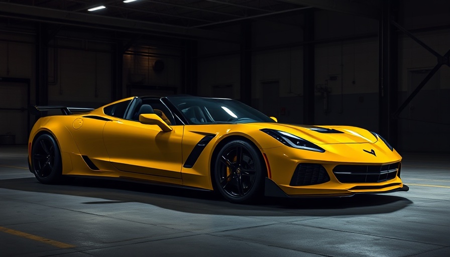 Yellow Corvette race cars in dimly lit showroom at FIA WEC season.