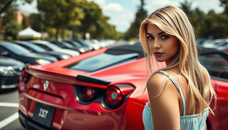 Blonde woman near red sports car observing C8 Dry Bay Vent Blocks.