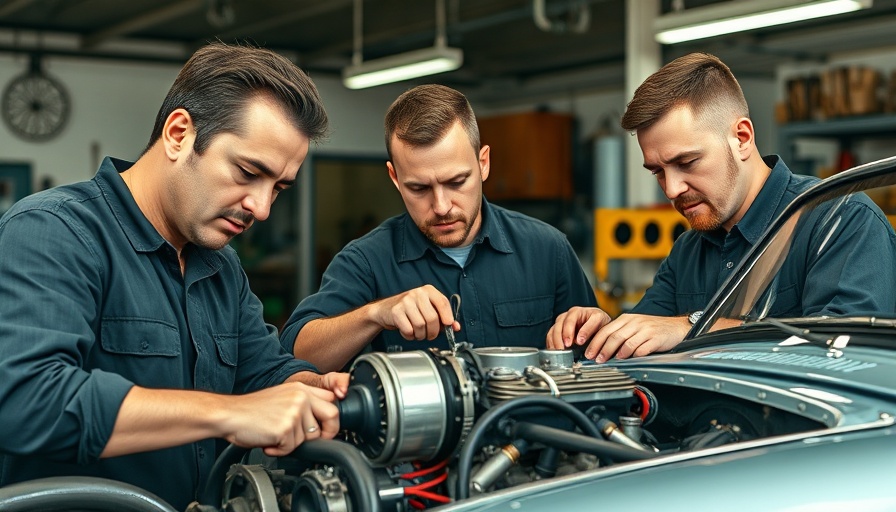 Mechanics perform Zora Arkus-Duntov Corvette restoration in garage.