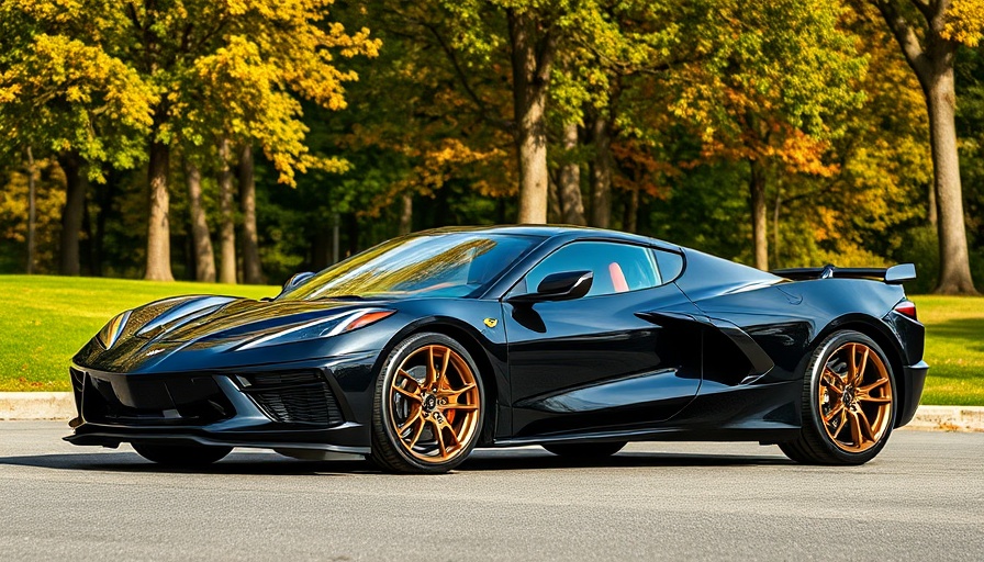 C8 Corvette with bronze OEM wheels in scenic autumn setting.