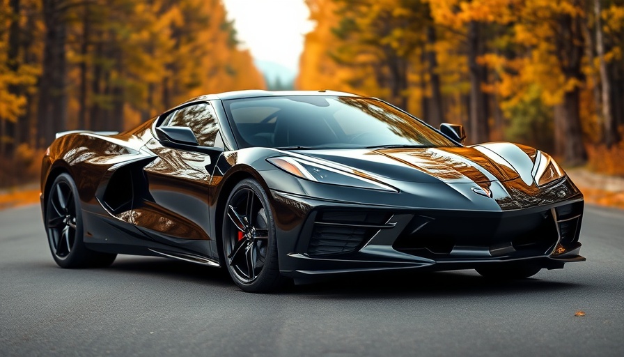 Sleek black C8 Corvette with bronze OEM wheels in autumn setting.