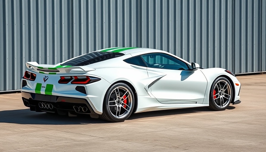 Sleek C8 Corvette Z06 with green stripes parked in modern setting.