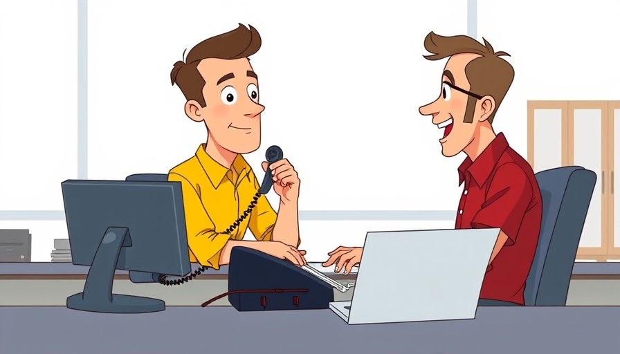 Cartoon of two men at a desk, one holding a phone.