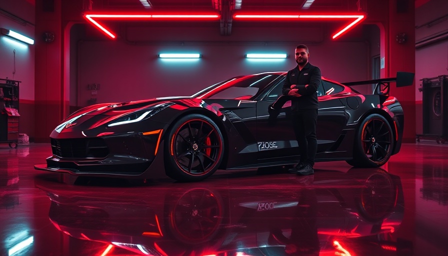 Corvette Z06 GT3.R in dimly lit garage with red neon lights.
