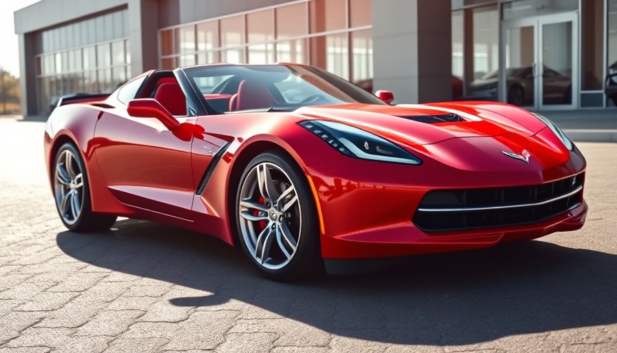 Sleek red Corvette in dealership lot, bright sunlight and reflections.