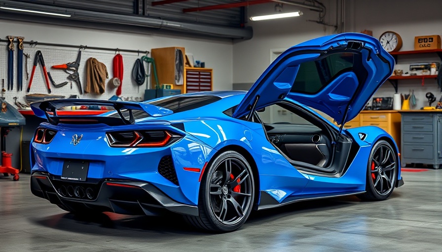 Lingenfelter 427 Cubic E-Ray Performance vibrant blue sports car in garage.