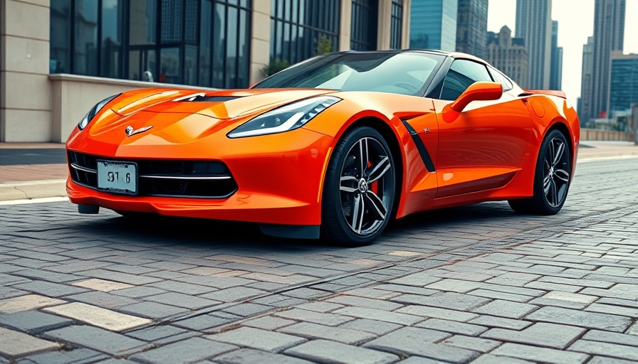 Vibrant orange Corvette with E5 Speedway wheels, city skyline.