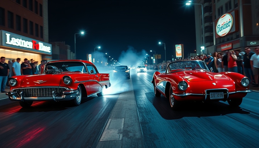 Procharged 1955 Bel Air vs. Twin Turbo 1961 Corvette drag race at night