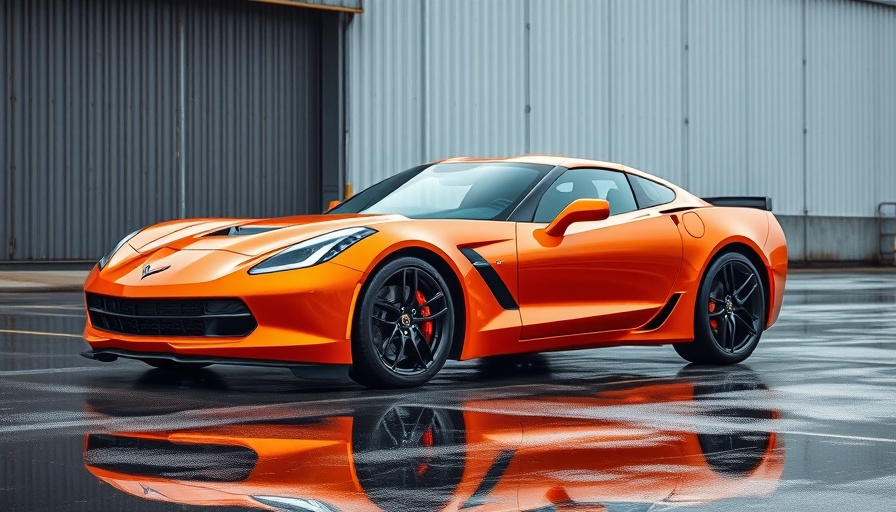 Vibrant orange Corvette with aftermarket parts parked on wet pavement.