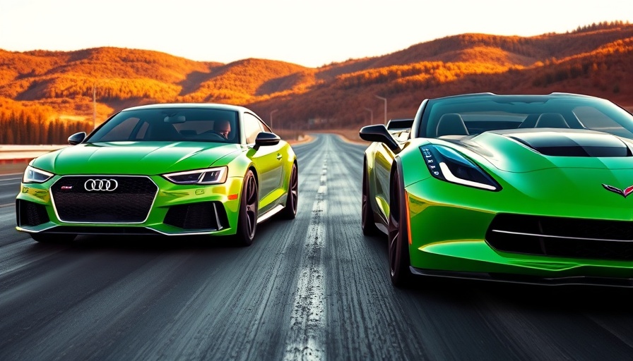 Audi RS3 and Corvette Z06 ready for drag race on track.