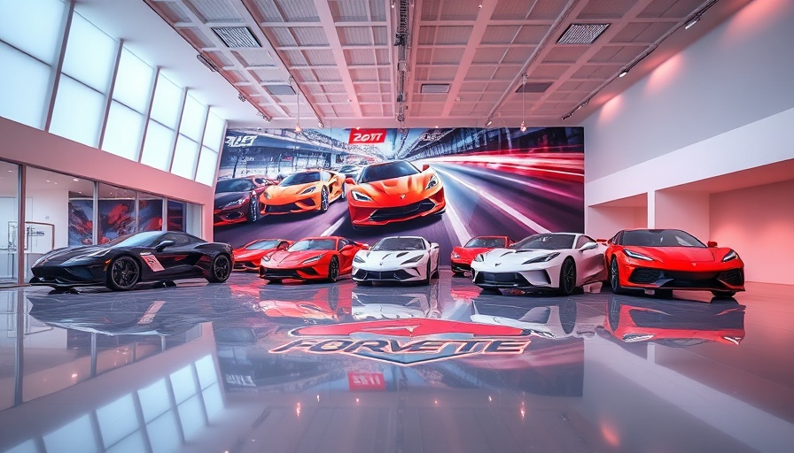 Exhibition hall with vibrant racing display and Corvette cars.