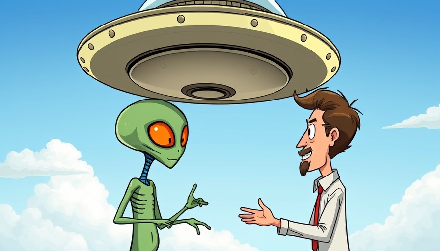 Quirky cartoon alien and human negotiating with UFO in the sky.