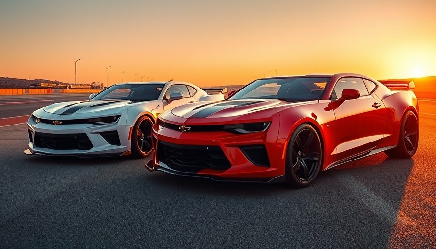 Chevrolet performance lineup, red and white cars on racetrack at sunset