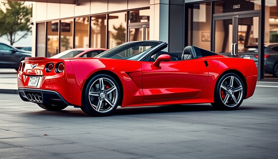 Sleek red Corvette outside showroom highlighting its delivery.