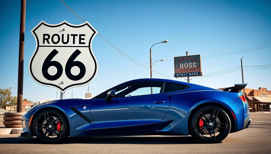 Blue sports car by Route 66 sign for Route 66 Centennial Anniversary 2026