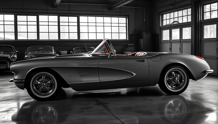 Vintage 1957 Corvette SS displayed in monochrome garage setting.