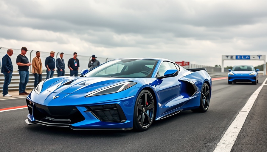 Blue Chevrolet Corvette E-Ray and Tesla Model 3 on racetrack comparison.
