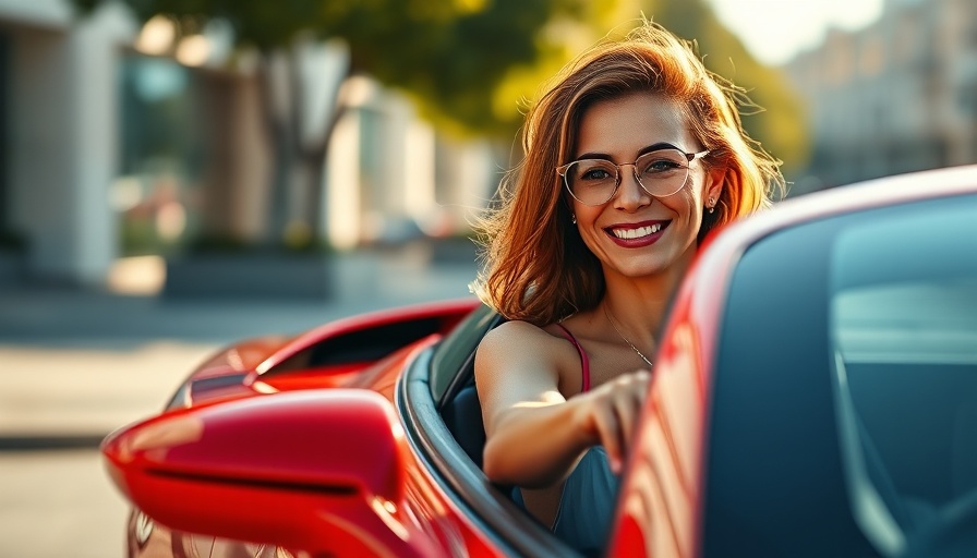 Smiling woman with a red sports car, lens flare effect, urban setting.