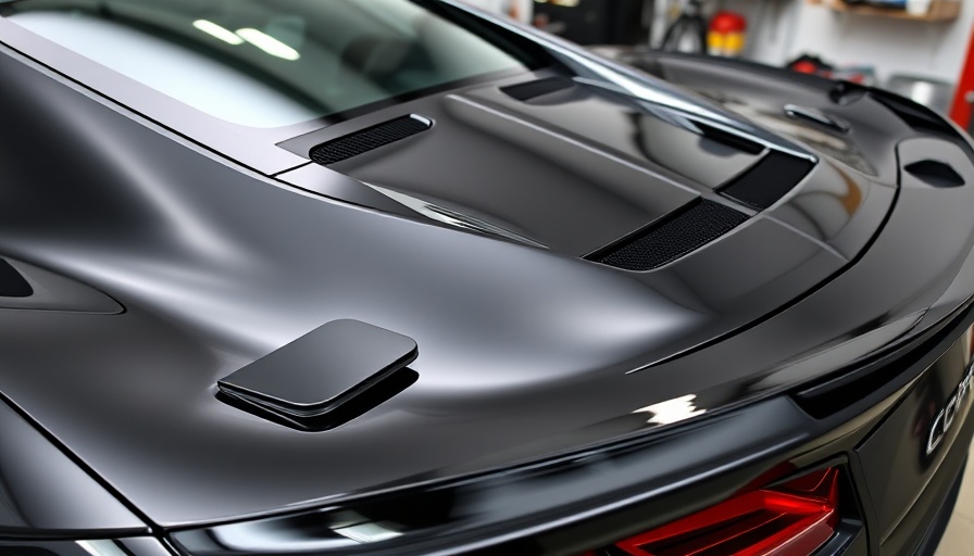Installing a rear window spoiler on a C8 Corvette in a garage.