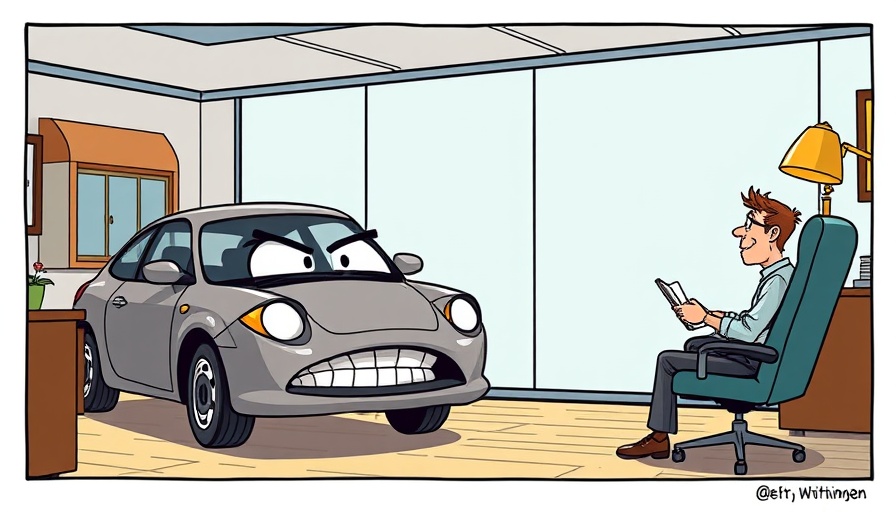 Humorous cartoon of car in office with man, C8 Corvette community.