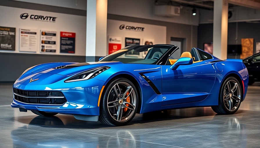 Sleek blue Corvette in showroom for Corvette Deliveries.