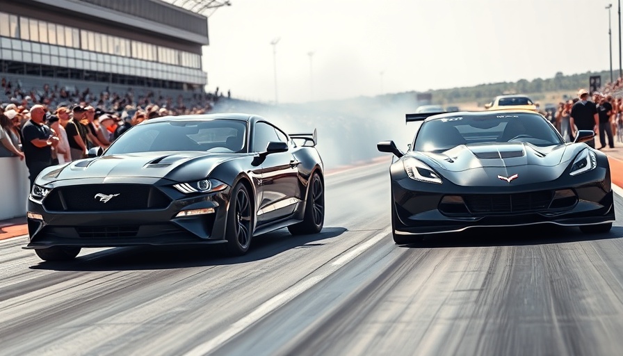 Mustang Mach 1 vs Corvette ZR1 drag race on racetrack, intense action.