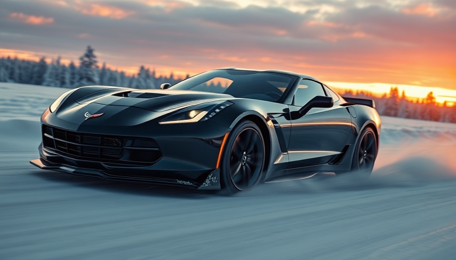 Chevrolet Corvette speeding through snow at sunset.