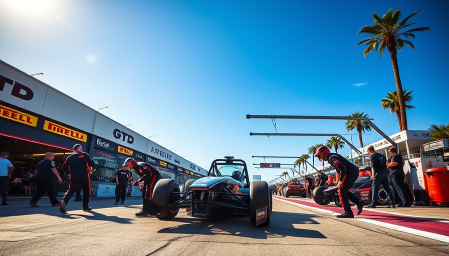 GTD sprint race pit stop action with team and car under blue sky.