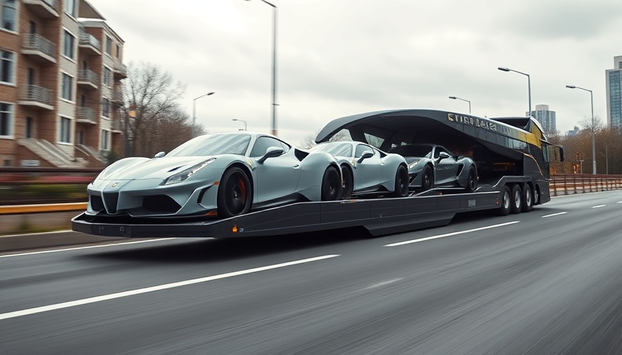 2025 Corvette ZR1s on a transporter truck in urban setting.