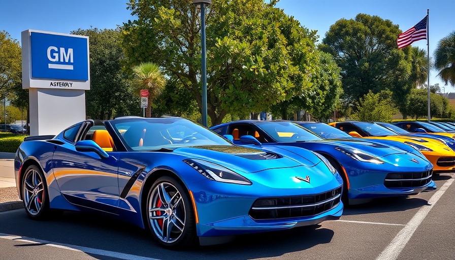 Pair of vibrant Corvettes at GM Bowling Green assembly, clear day.