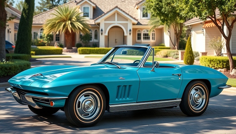 Vintage turquoise Chevrolet Corvette parked at a dealership.