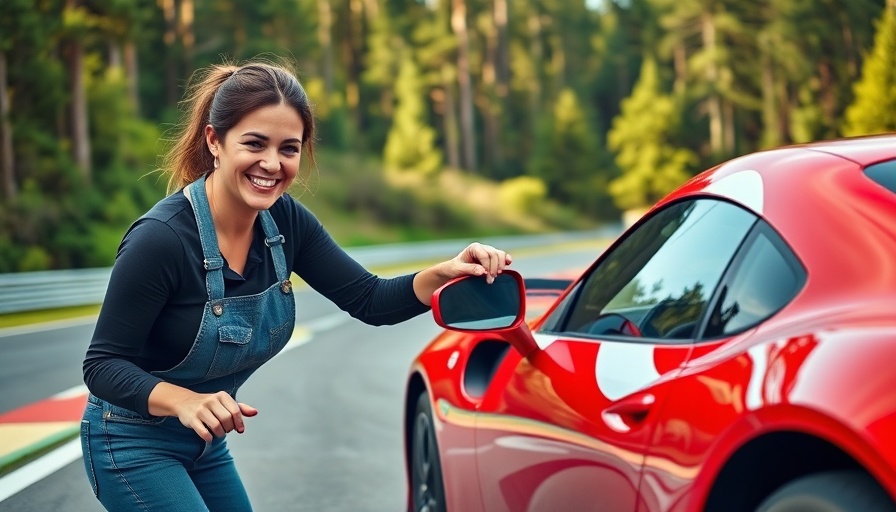 Cheerful woman using C8 Dry Bay Vent Blocks on red sports car.