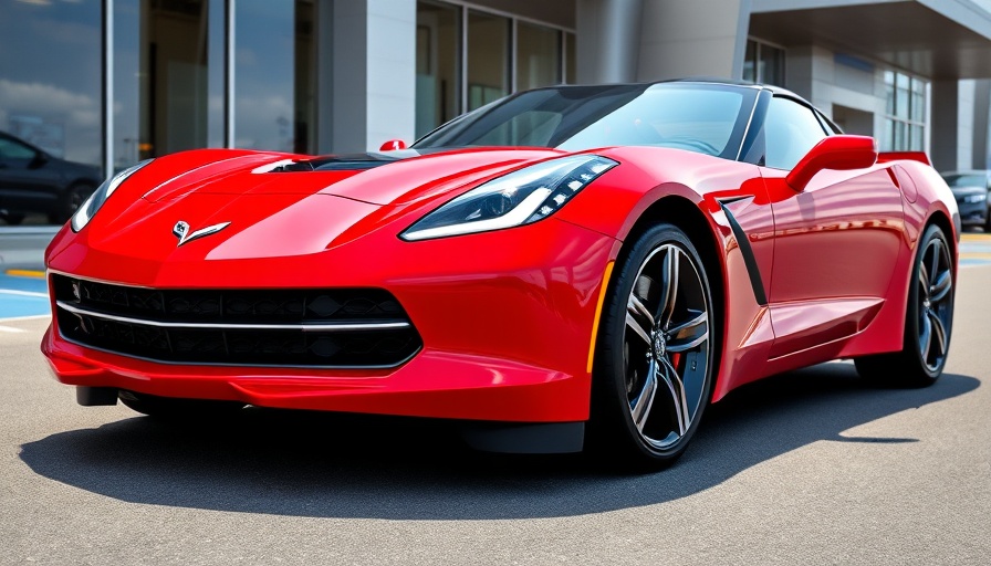 Red Chevrolet Corvette outside a dealership.