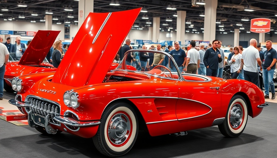 Classic red Corvette on display at auto show, insure your C8 Corvette.