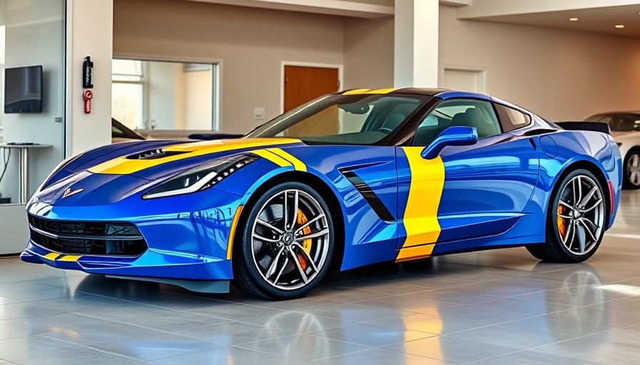 Customize Your Corvette: sleek blue Corvette with yellow stripes in showroom.