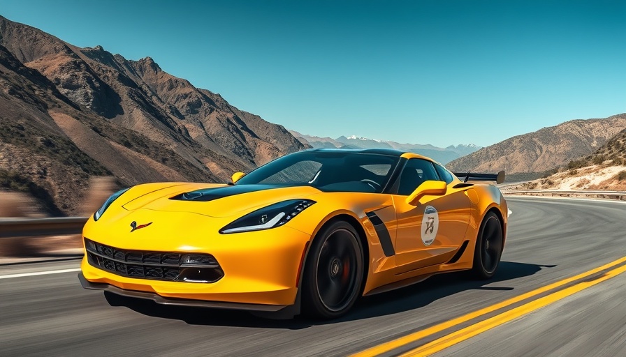 Sleek yellow Corvette with high wing on mountain road for high wing experience.