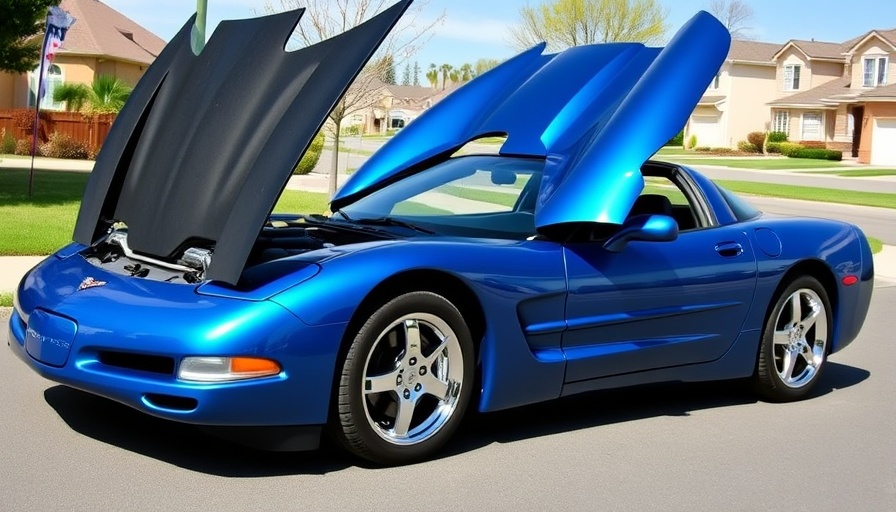 Rare Nassau Blue 1998 Corvette with hood open in a driveway.