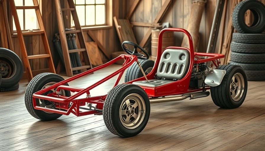 Vintage red C4 Corvette go-kart frame indoors, authentic design.