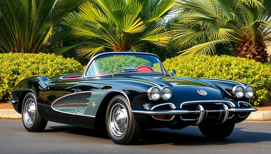 Sleek black vintage Corvette near palms March 2025