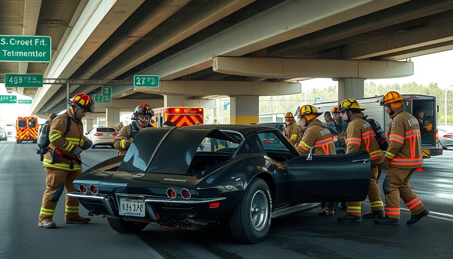 Firefighters responding to C3 Corvette accident on highway.