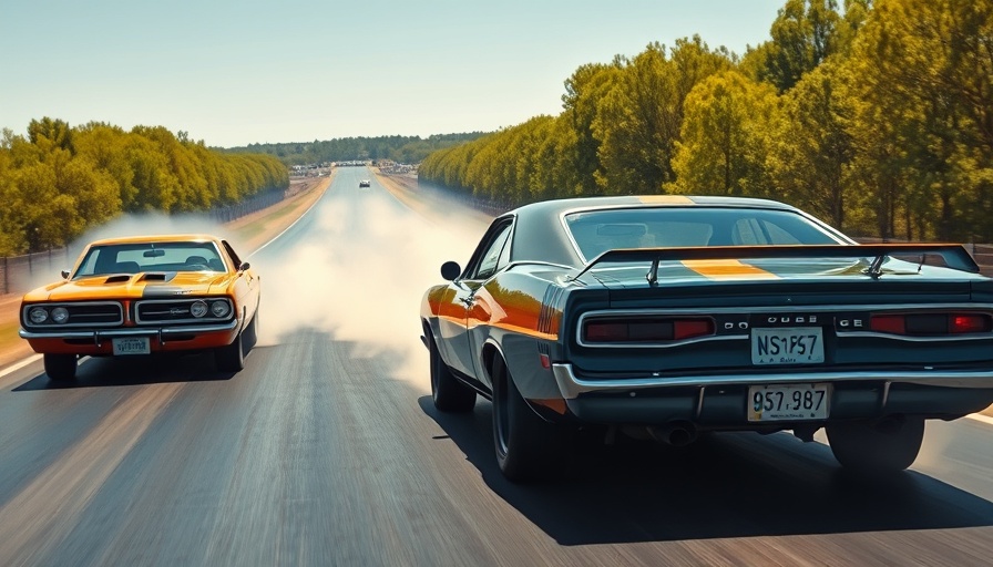 Dodge vs. Chevy drag race at a racing strip with trees in background.